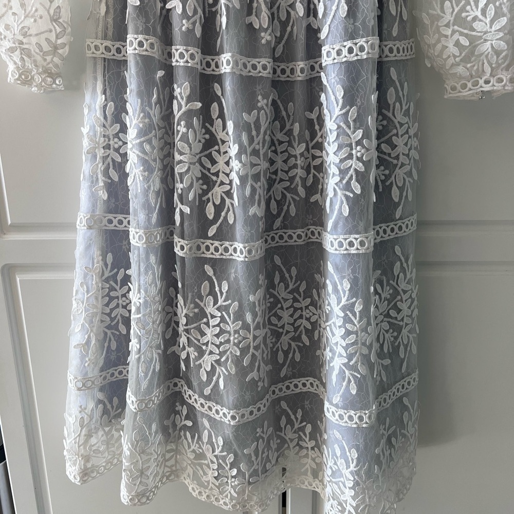 NWT Ivy City Co Midi Dress Formal Long Sleeve White Overlay Mesh/Blue Lined - Picture 4 of 6